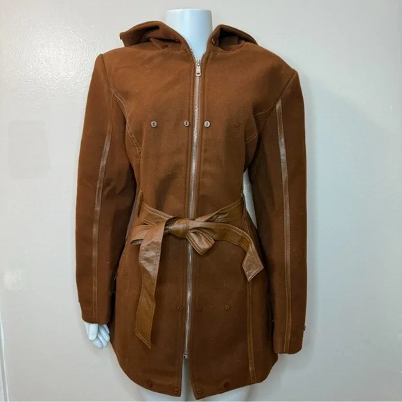 Brown faux fur belted hooded pea coat with faux leather trims - Picture 7 of 11